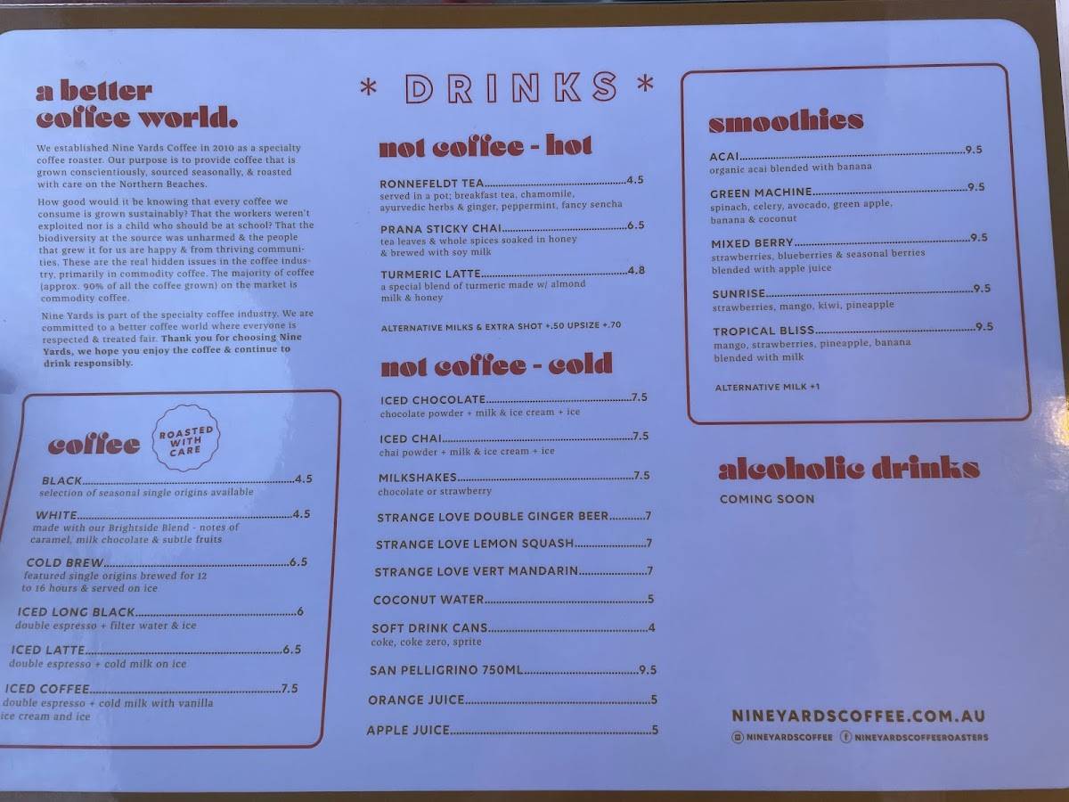 Menu at The Brightside Cafe, Mona Vale