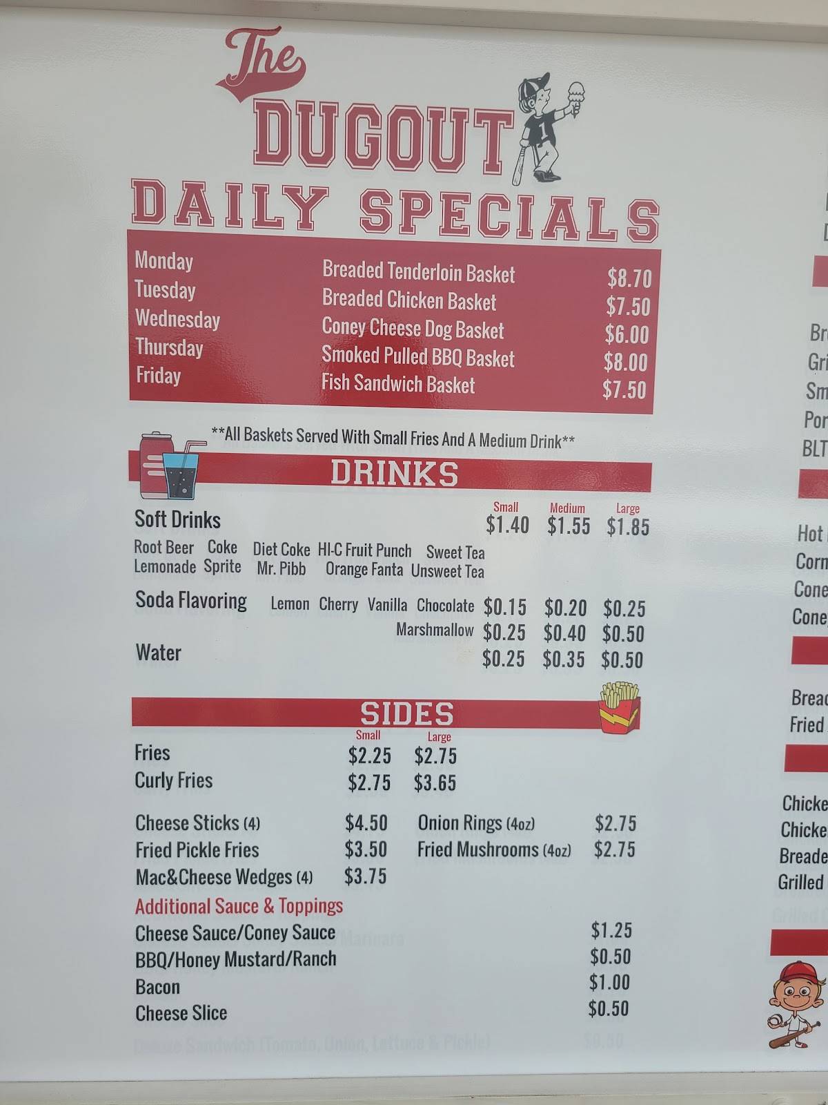 Menu at The Dugout restaurant, Otterbein