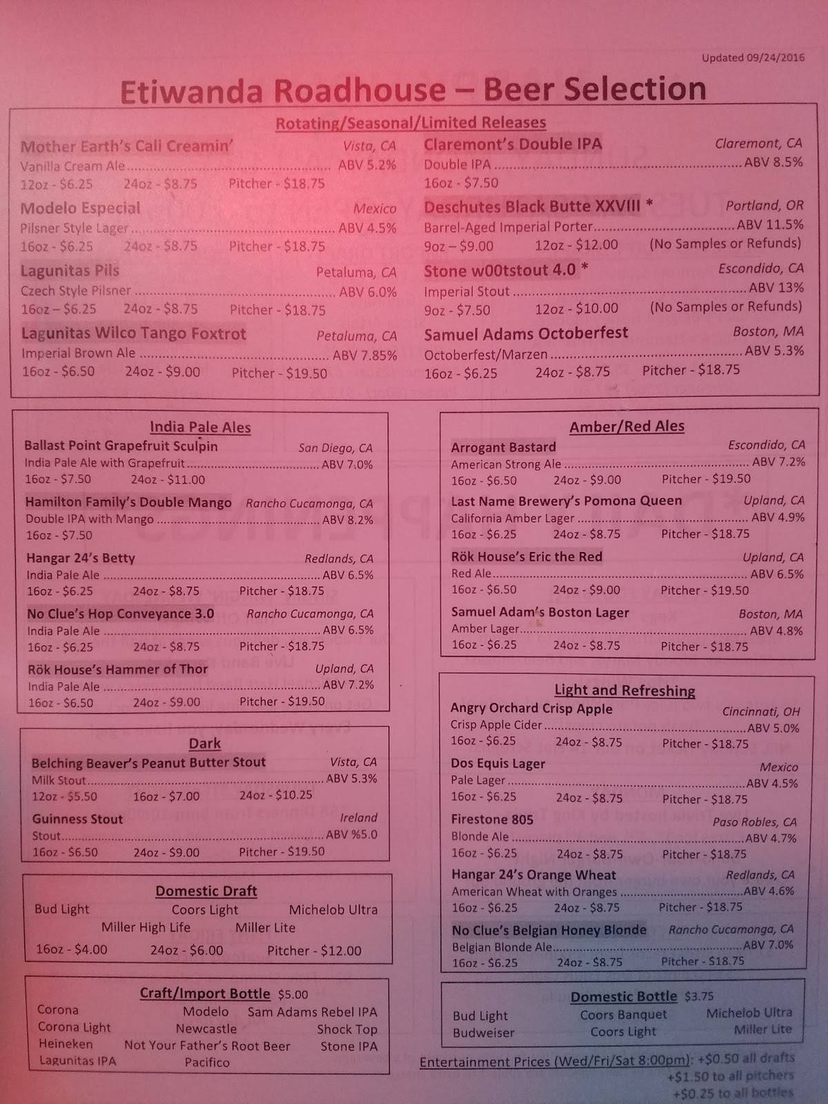 Menu at The Etiwanda Roadhouse Bar & Grill, Rancho Cucamonga