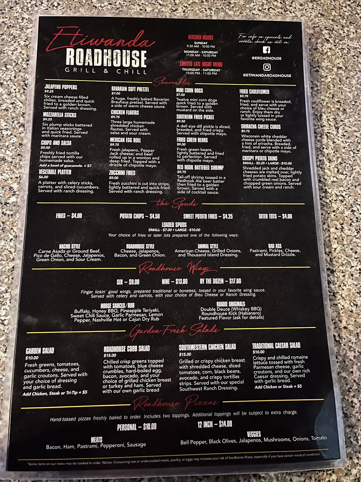Menu at The Etiwanda Roadhouse Bar & Grill, Rancho Cucamonga