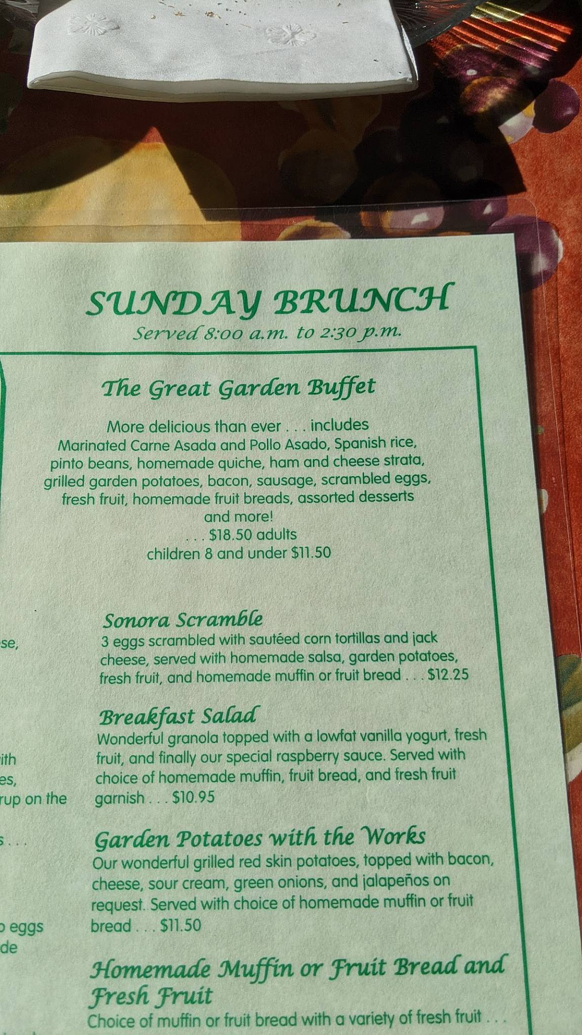 Menu at The Garden Cafe, Yuma