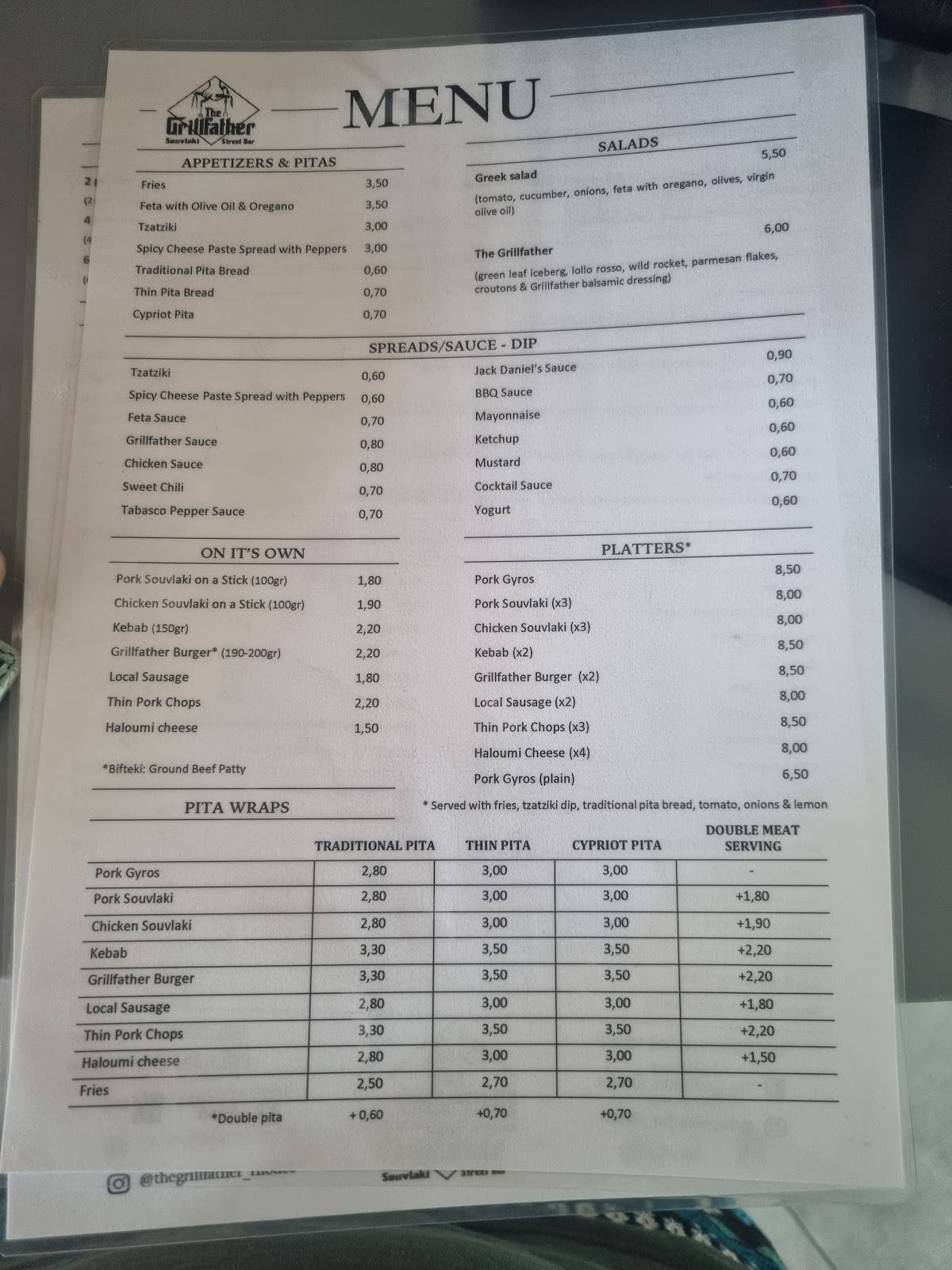 Menu at The Grillfather Souvlaki Street Bar, Rhodes, Rhodes