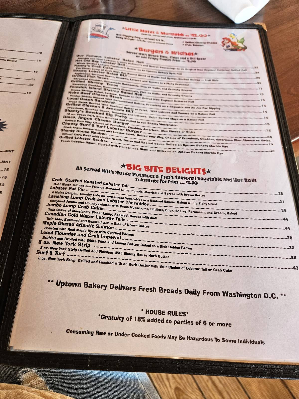 Menu at The Lobster Shanty restaurant, Fenwick Isle