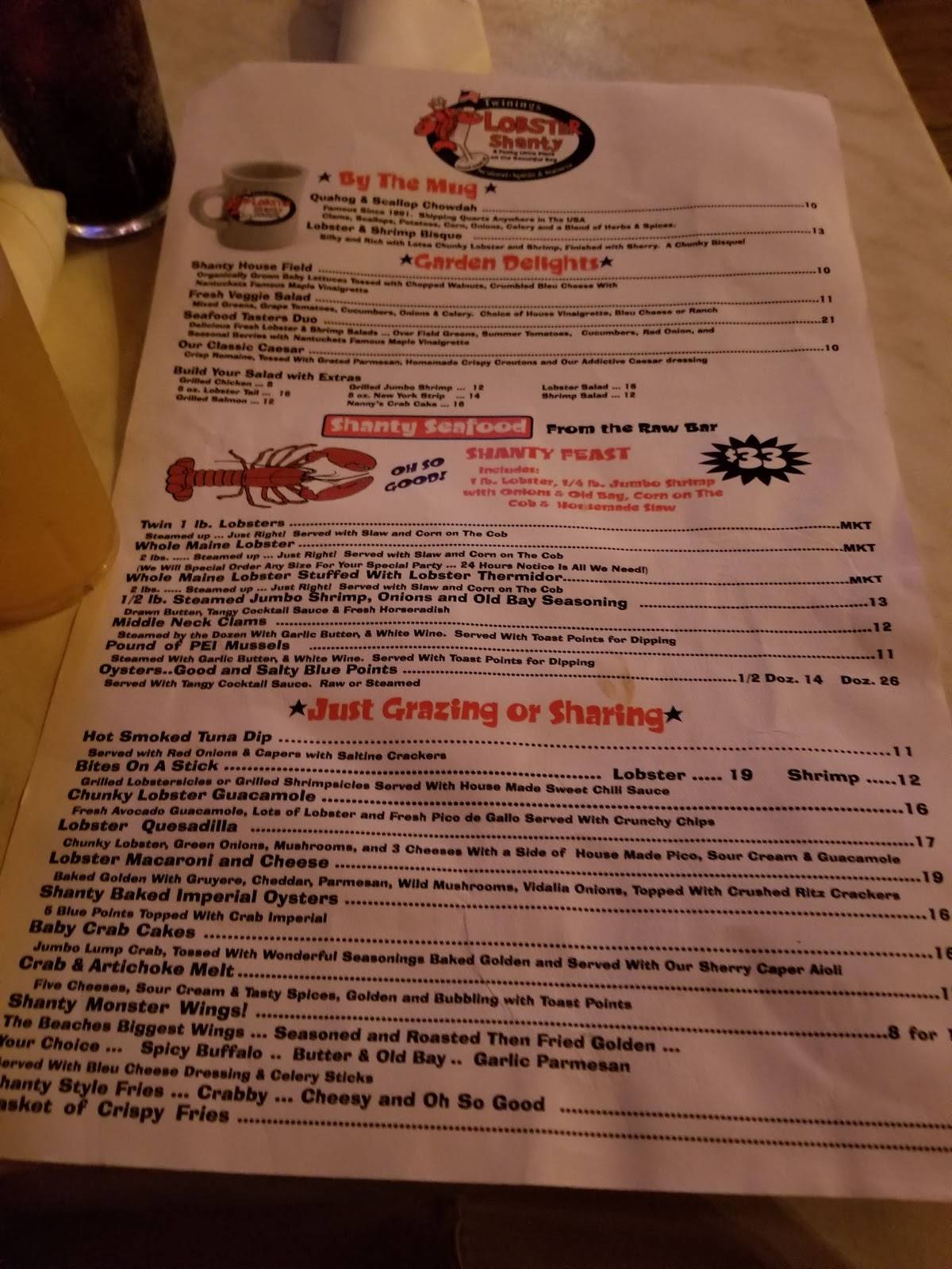 Menu at The Lobster Shanty restaurant, Fenwick Isle