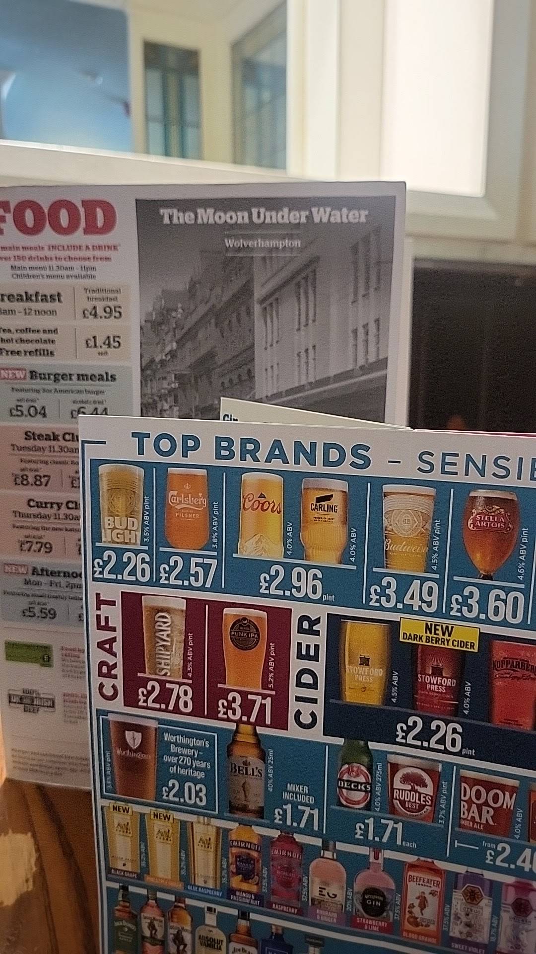 Menu At The Moon Under Water JD Wetherspoon Pub Bar Wolverhampton