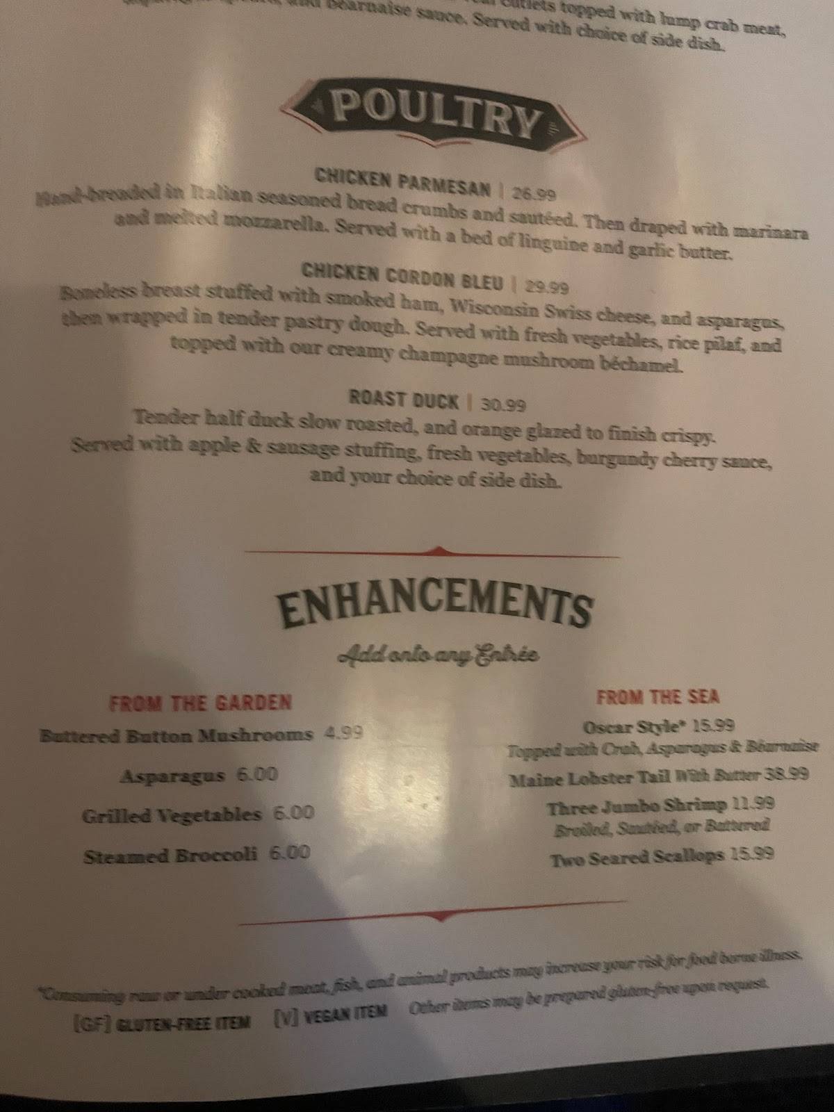 Menu at The Packing House steakhouse, Milwaukee