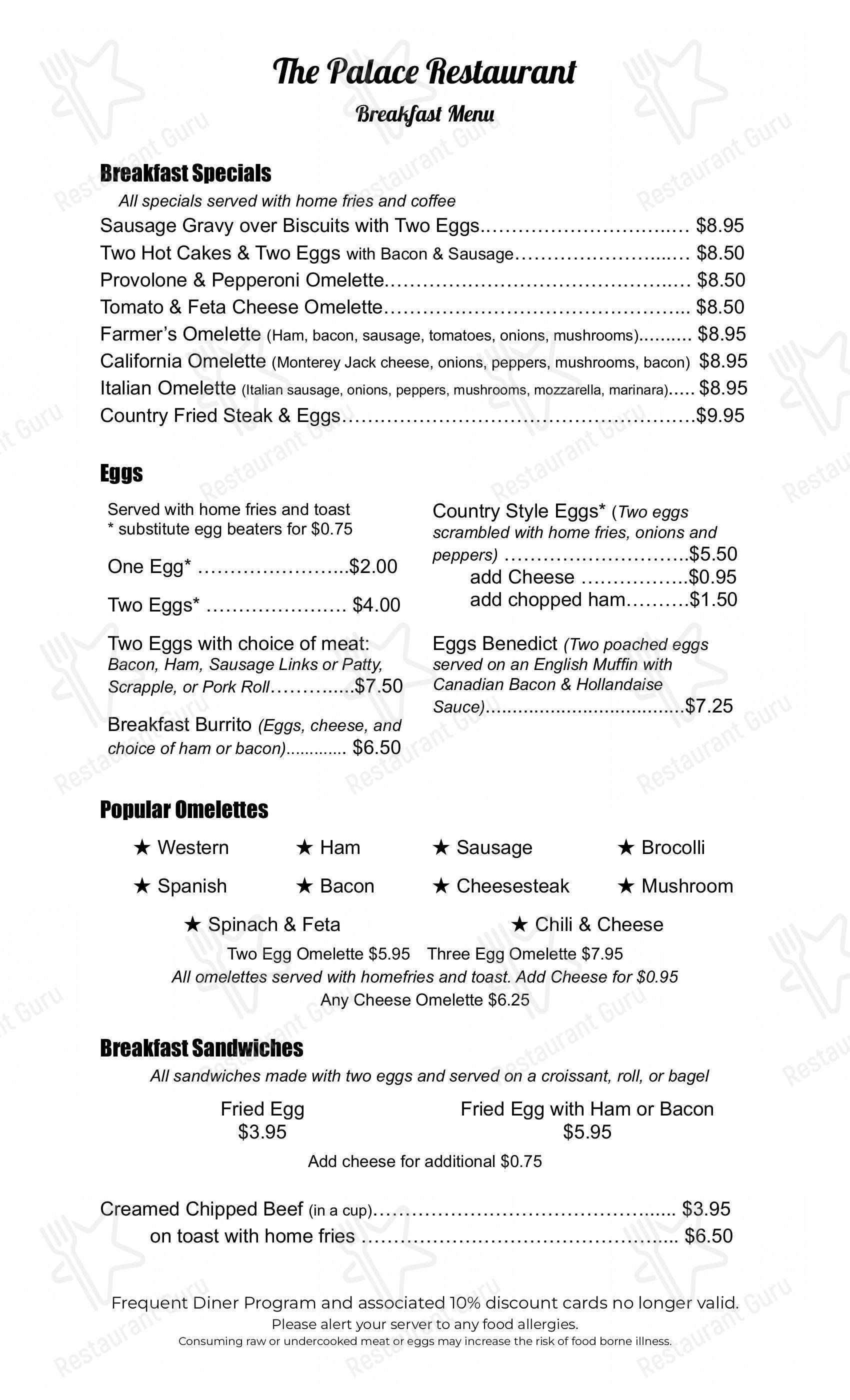 Menu at The Palace Restaurant, Bethlehem
