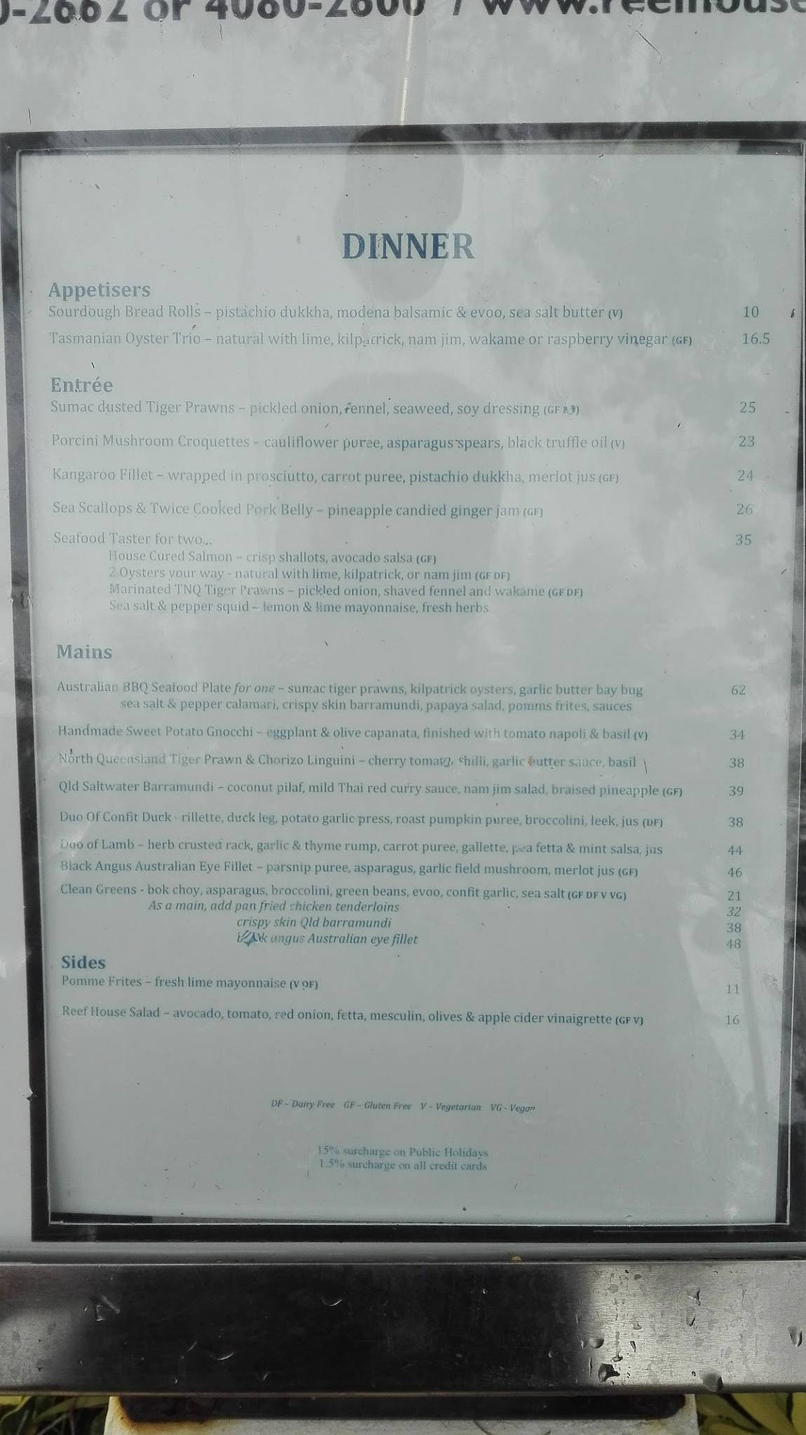Menu at The Reef House Adults Retreat Palm Cove restaurant, Palm Cove