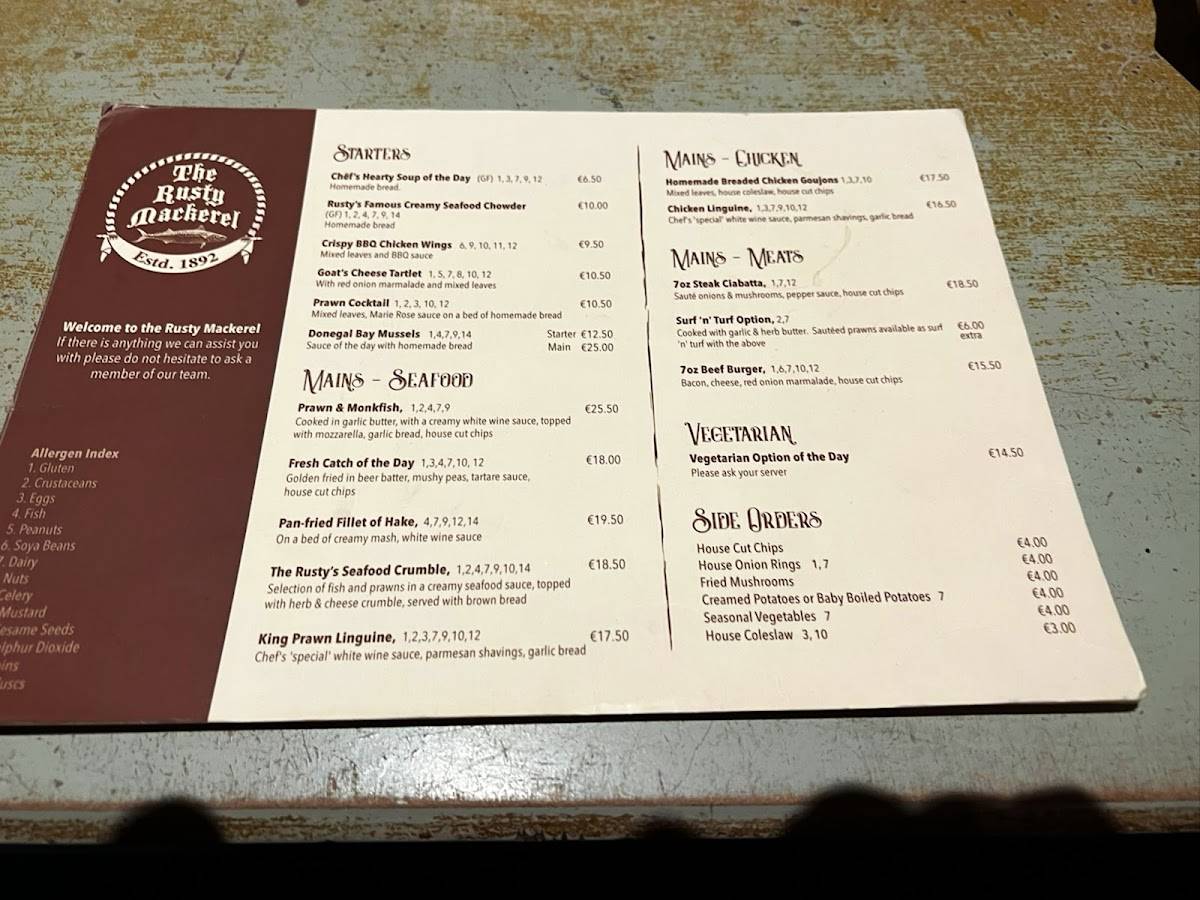 Menu at The Rusty Mackerel pub & bar, Teelin