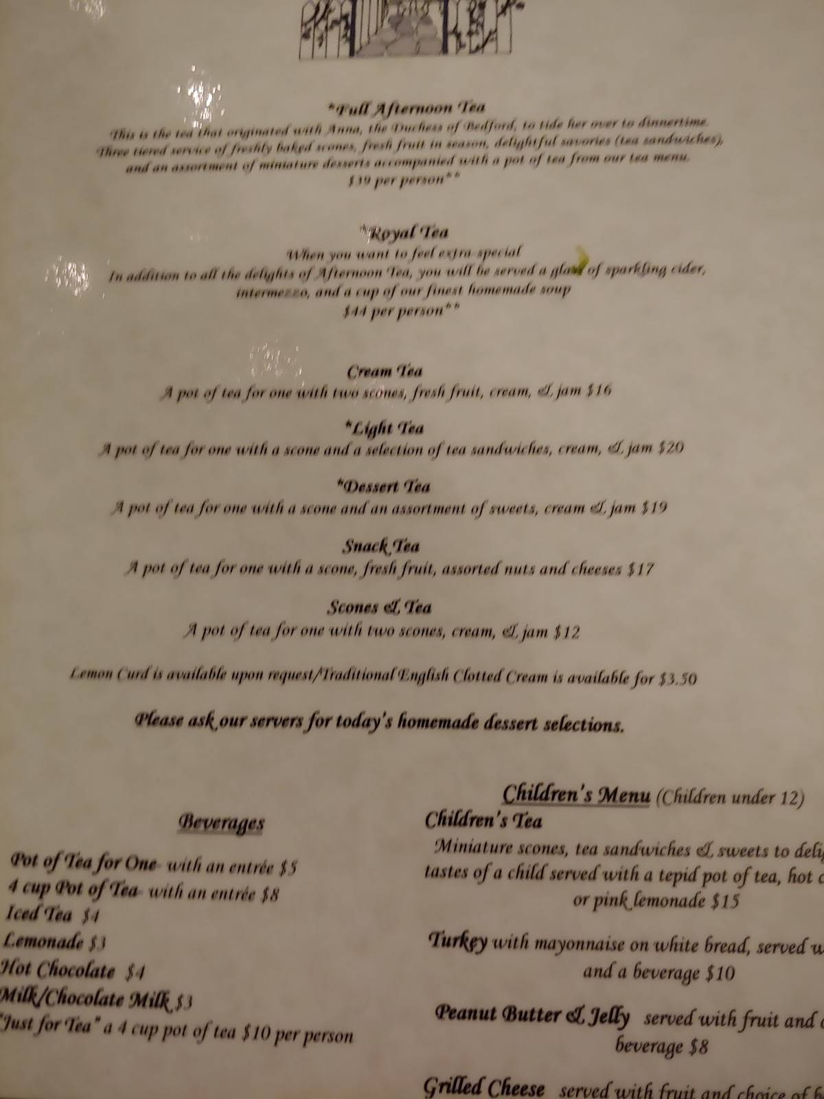 Menu at The Secret Garden Tearoom & Gift Shoppe cafe, Port Jefferson