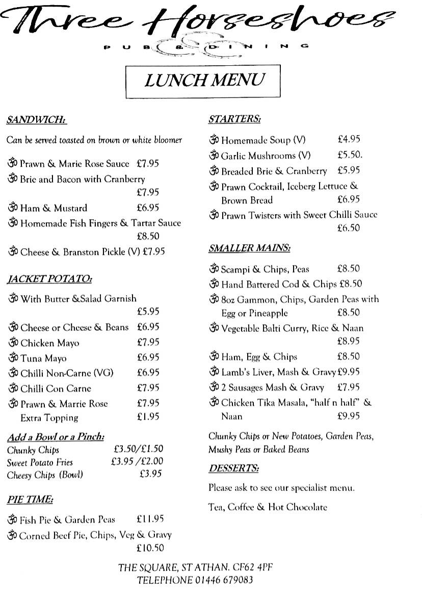 Menu at The Three Horseshoes pub & bar, Saint Athan