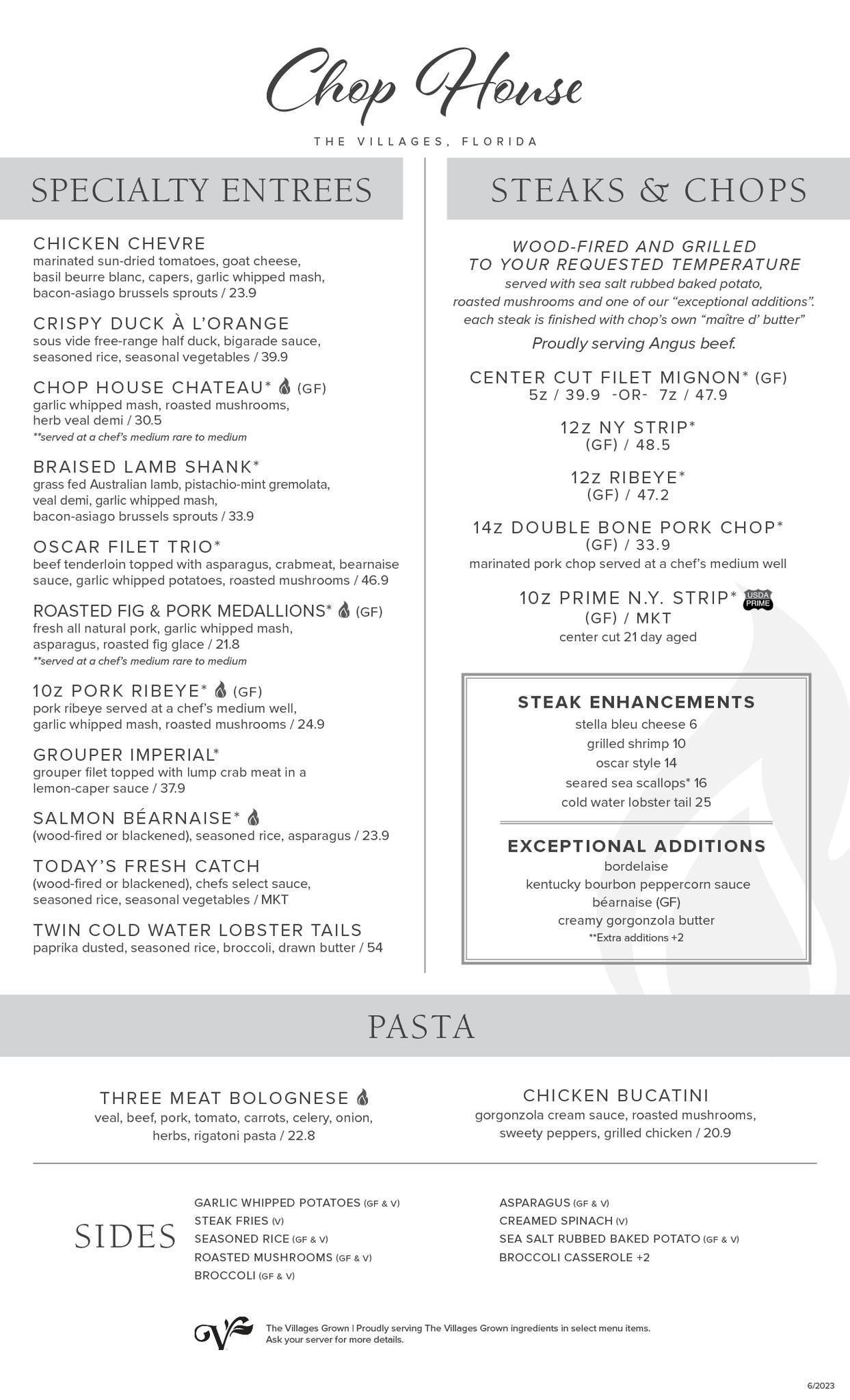Menu at Chop House at Lake Sumter steakhouse, The Villages