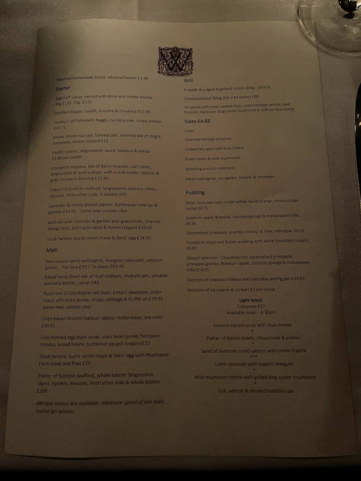 Menu at The Witchery by the Castle restaurant, Edinburgh