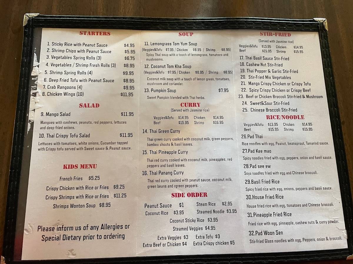 Menu at Thong Thai Cuisine fast food, Gravenhurst