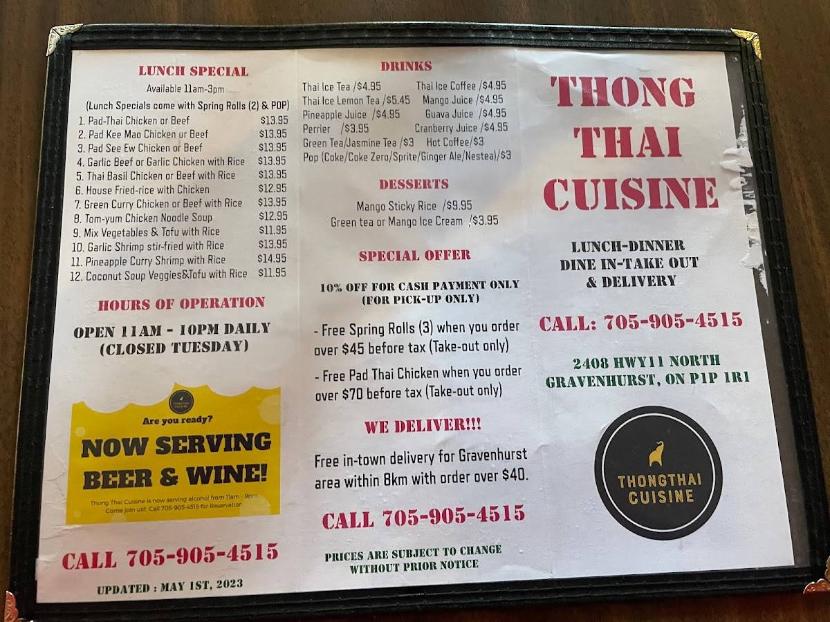 Menu at Thong Thai Cuisine fast food, Gravenhurst