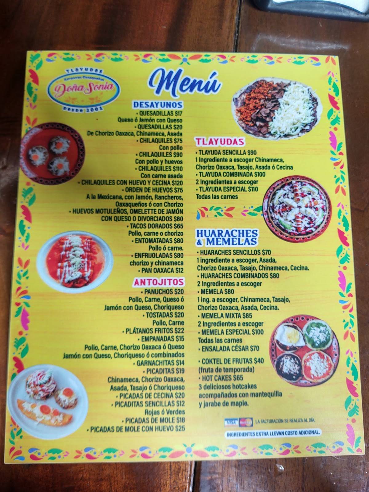 Carta Del Restaurante Tlayudas Antojitos Oaxaqueños Doña Sonia Coatzacoalcos