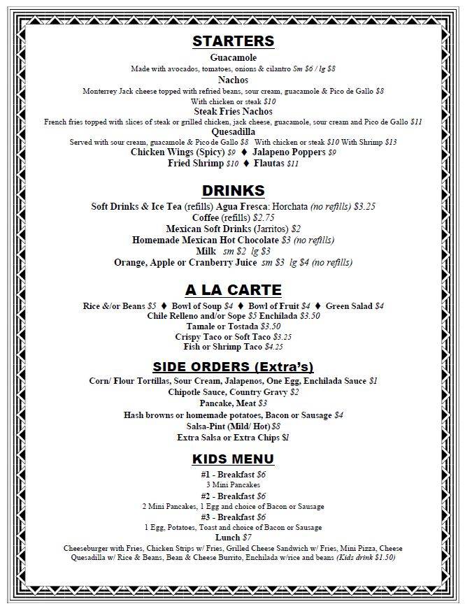 Menu at Tortilla Flats restaurant, Rio Vista