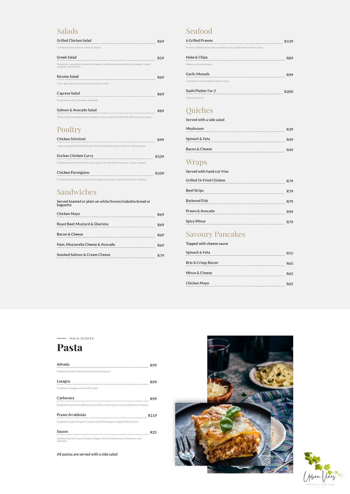 Menu at Urban Vines bistro and vineyard restaurant, Vanderbijlpark