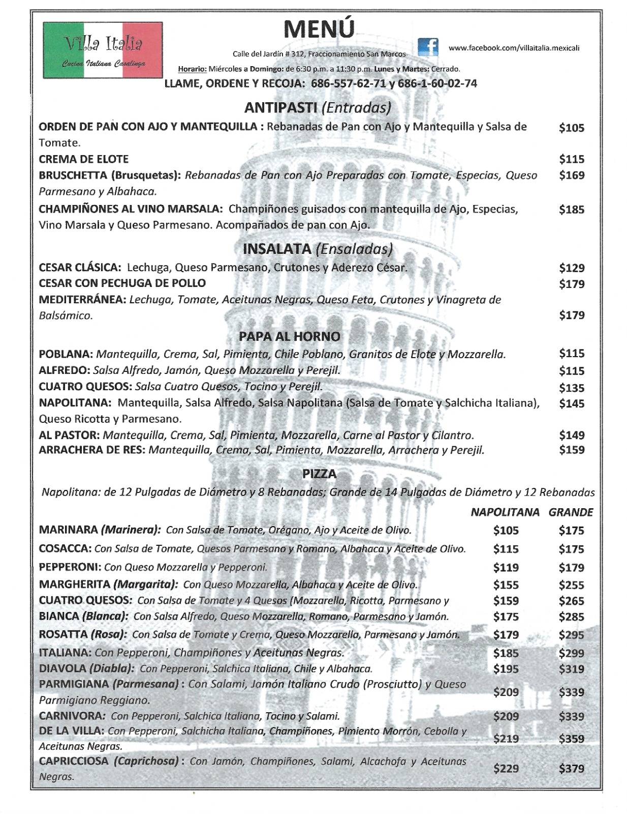 Carta del restaurante Villa italia Mexicali Del Jardín 312