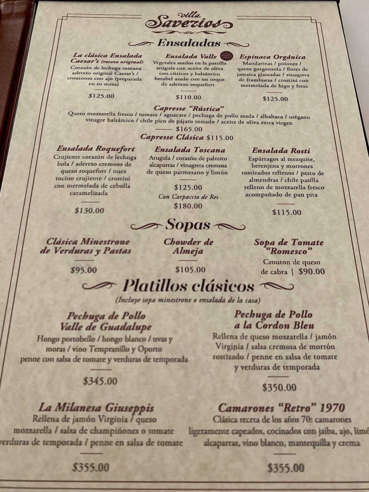 Carta del restaurante Villa Saverios, Tijuana, Escuadrón 201