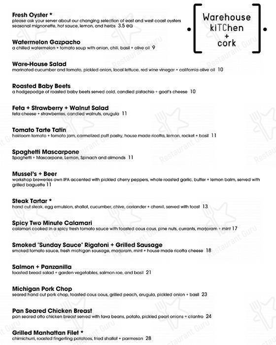 Menu at Warehouse KiTChen + Cork pub & bar, Traverse City