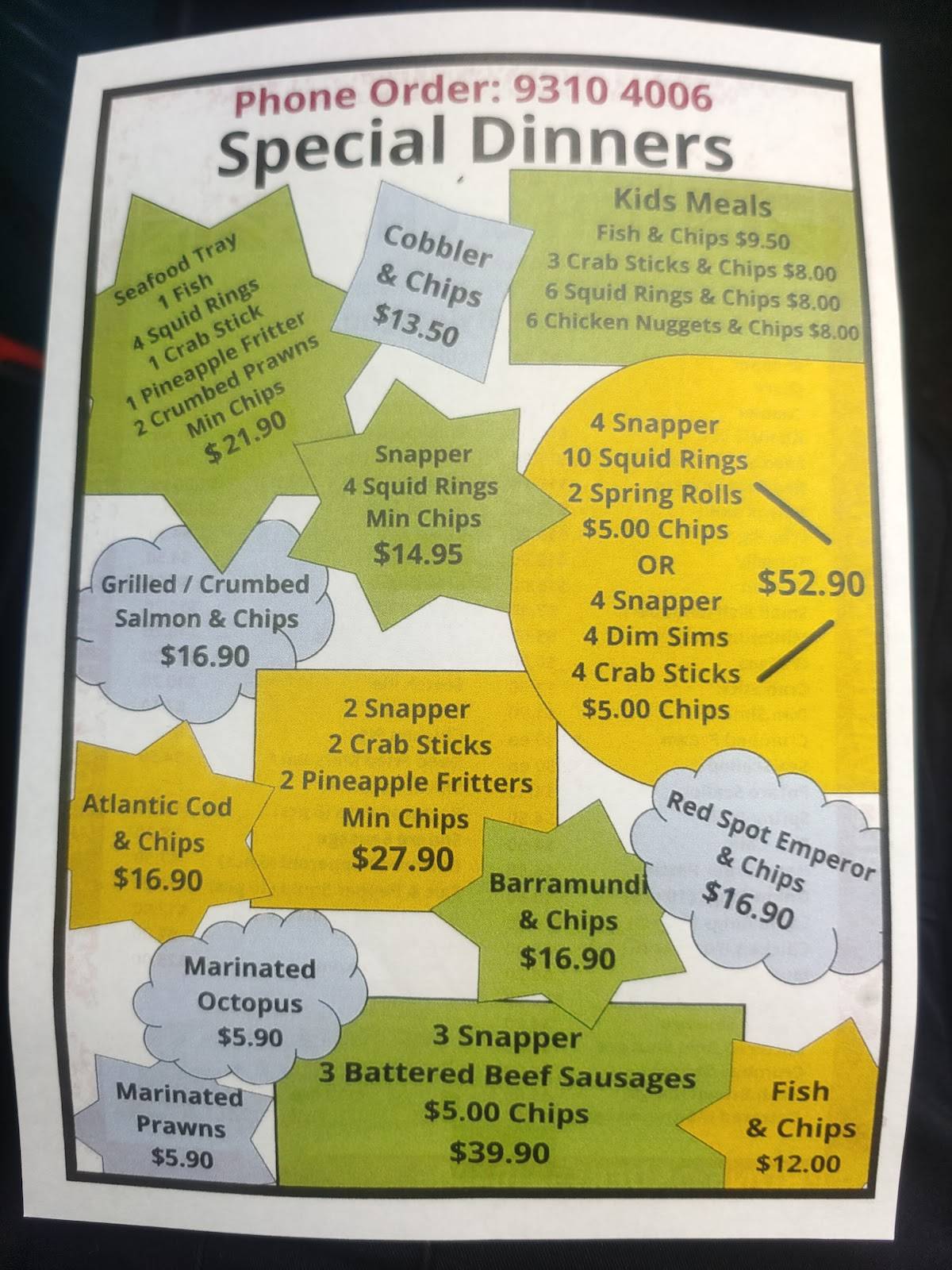 Menu at Southlands Fish & Chips fast food, Willetton