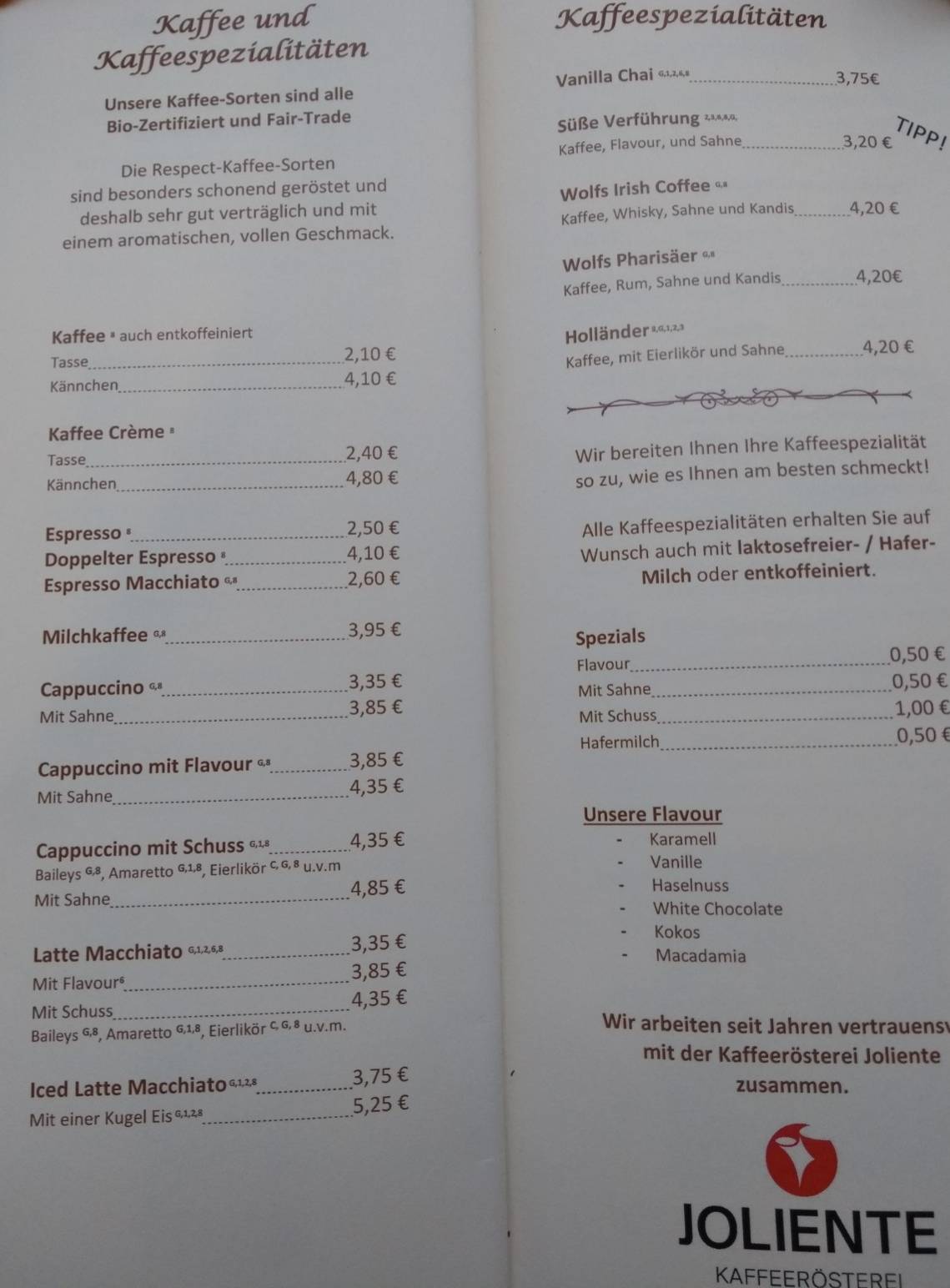 Speisekarte von Wolf's Kaffeehaus Bad Harzburg, Bad Harzburg