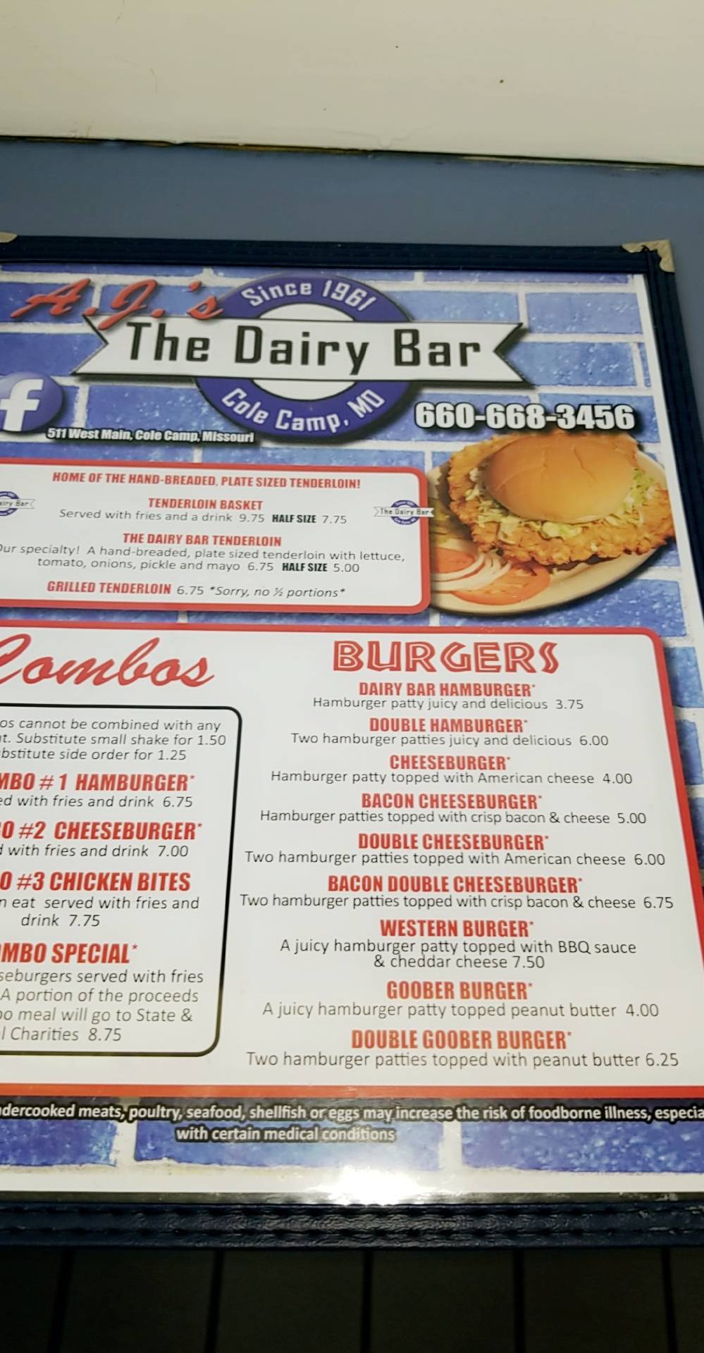Menu at A.J.'s Dairy Bar, Cole Camp
