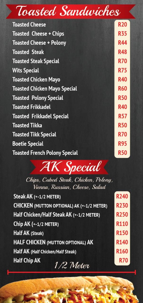 Menu at Akhalwaya's! Robertsham restaurant, Johannesburg, 33 Giles St