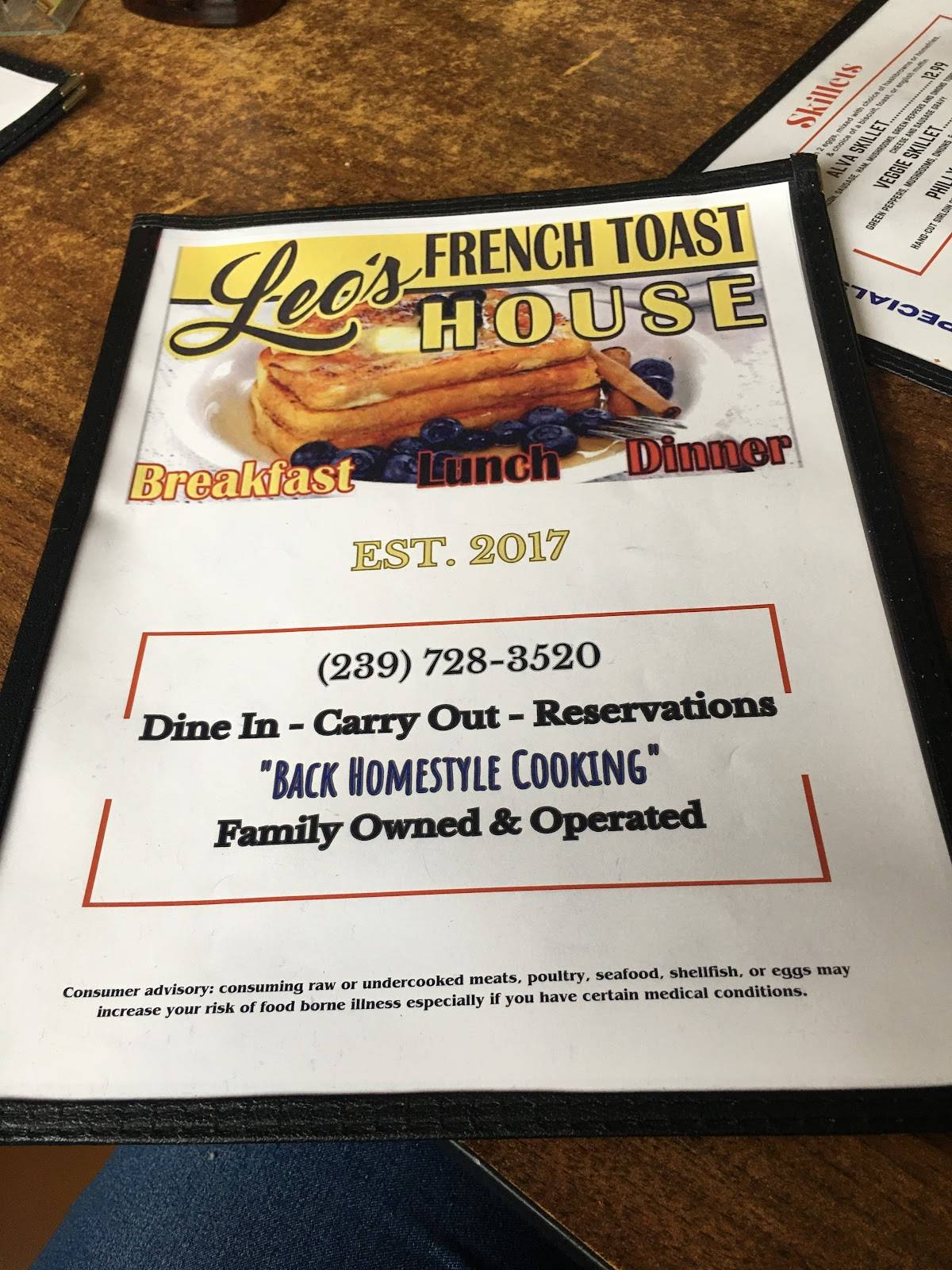 Menu at Leo's French Toast House restaurant, Alva