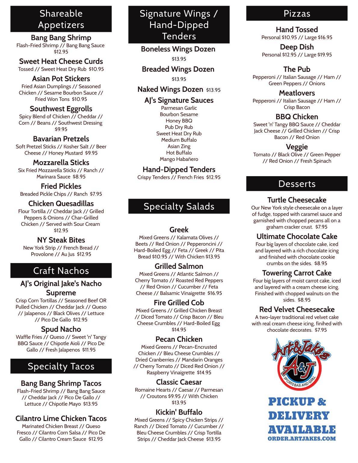Menu at Art & Jakes Sports Grill Washington Twp MI pub & bar, Romeo