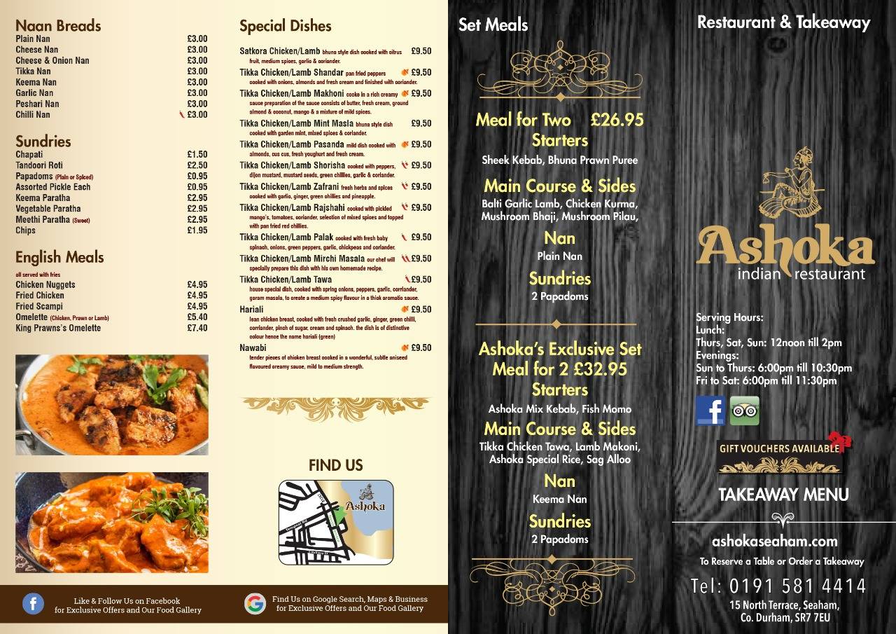 Menu at Ashoka restaurant, Seaham