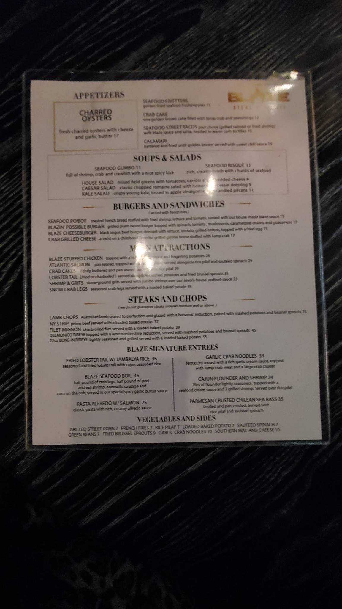 Menu at Blaze Steak and Seafood steakhouse, Atlanta