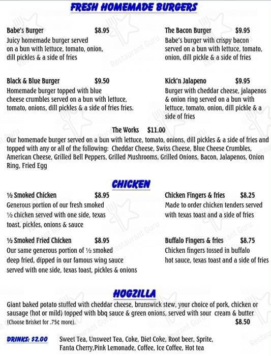 Menu at Babe's Smokehouse BBQ, Garden City