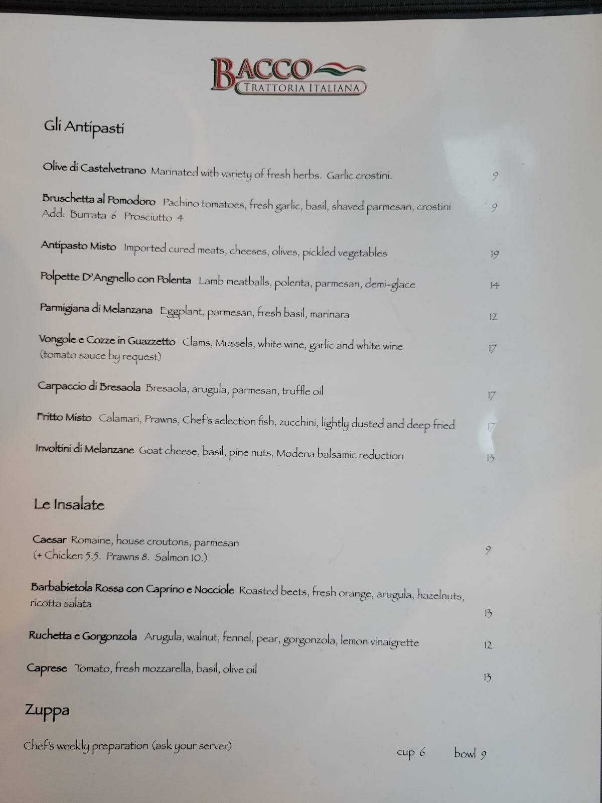 Menu at Bacco Trattoria Italiana restaurant, Lacey