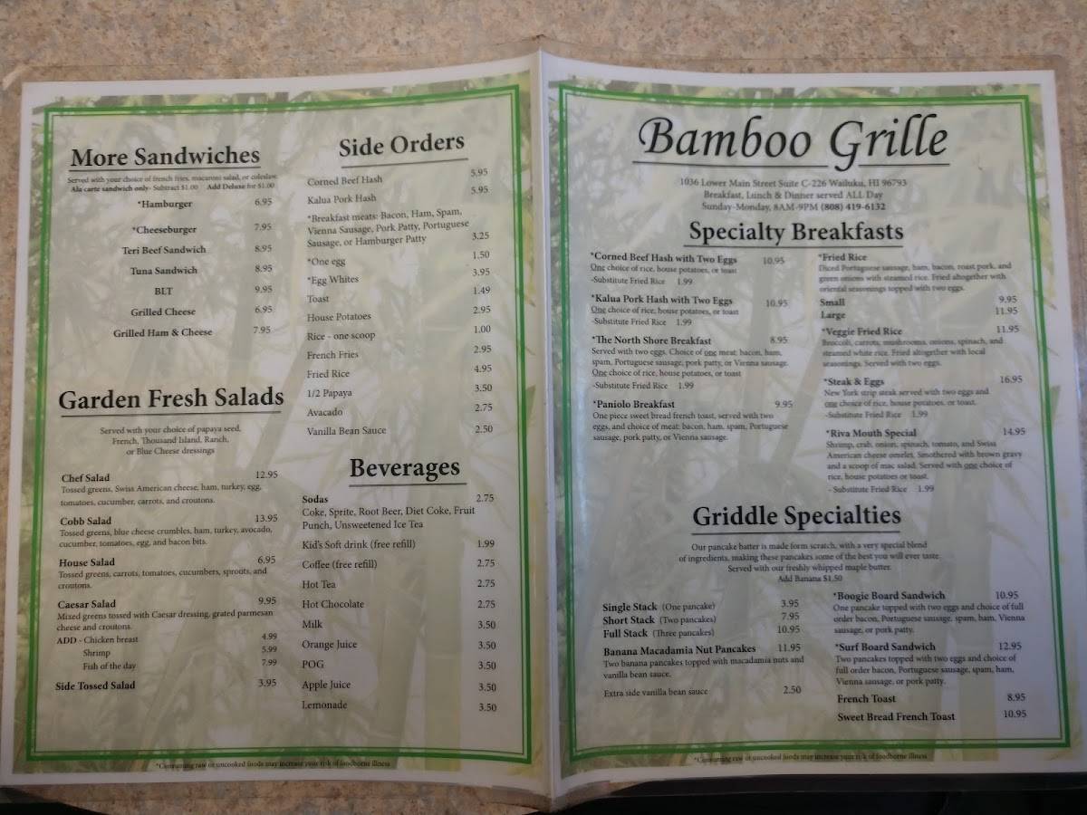 Menu at Bamboo Grille Inc. restaurant, Wailuku