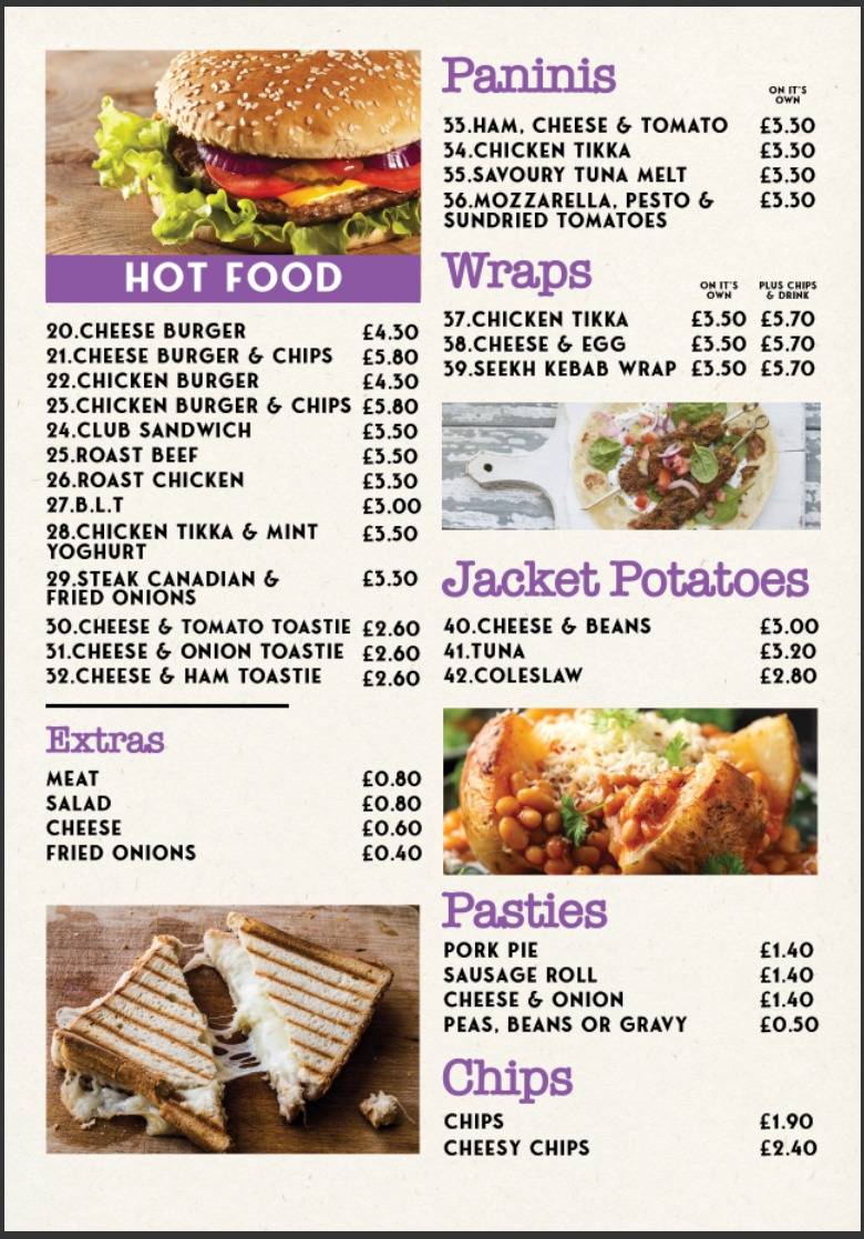Menu at Banjo's coffee restaurant, Shipley