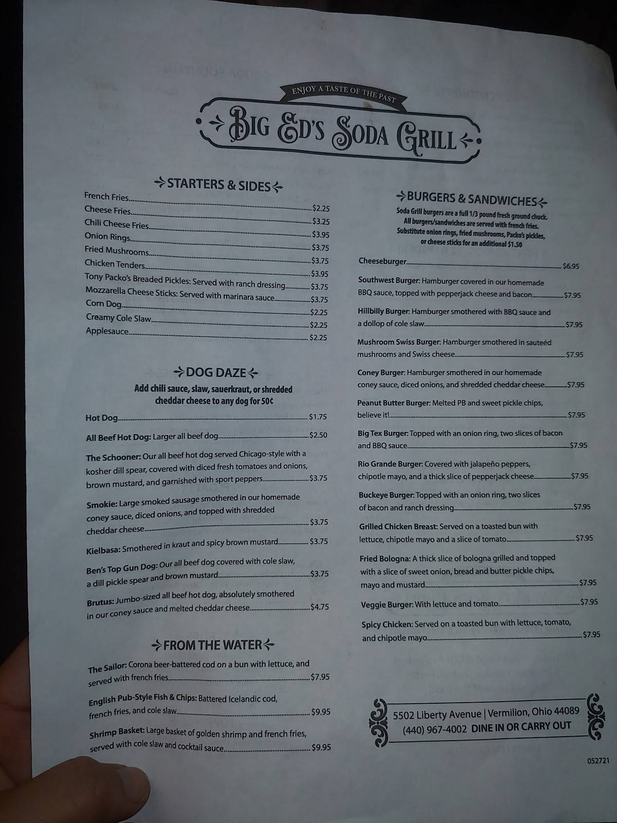 Menu at Big Ed's Main Street Soda Grill Vermilion restaurant, Vermilion