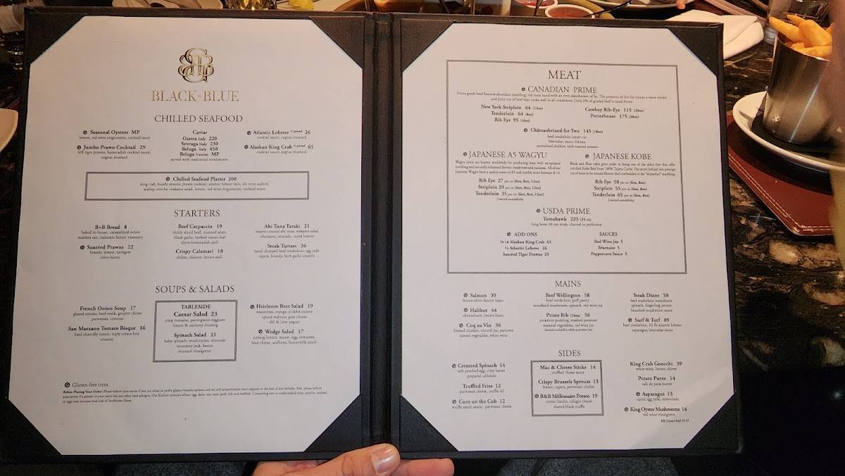 Menu at Black+Blue steakhouse, Vancouver