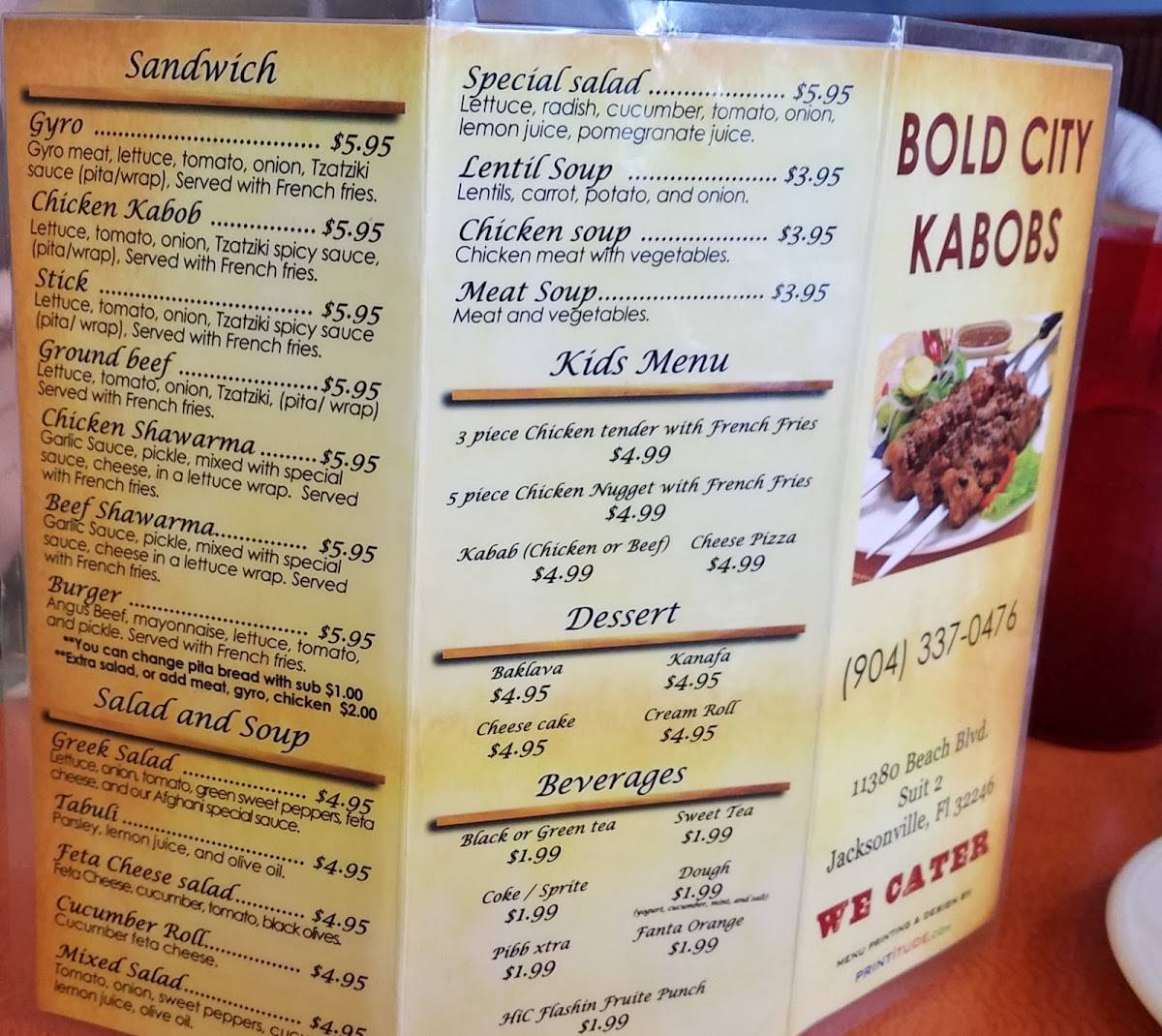 Menu at Bold City Kabobs restaurant, Jacksonville