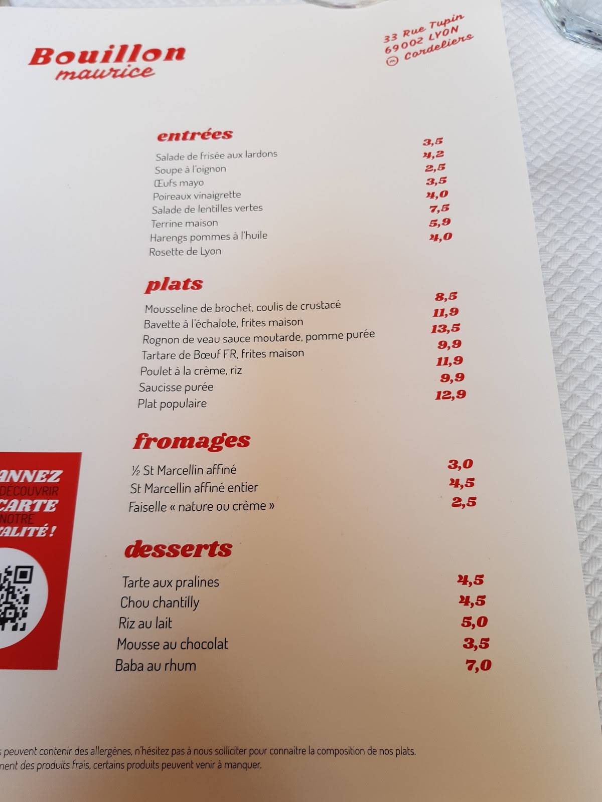 Menu at Bouillon Maurice restaurant, Lyon, 33 Rue Tupin
