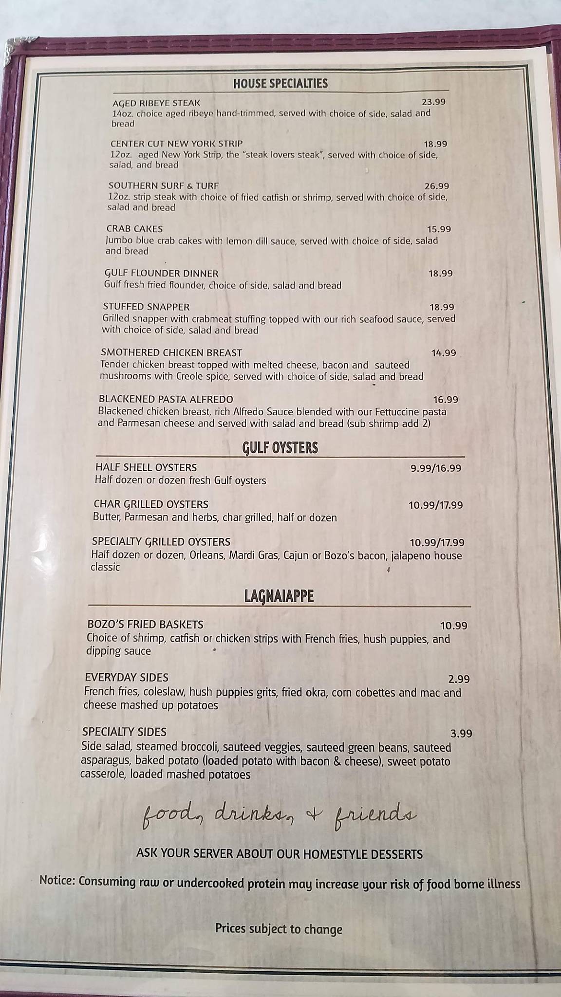Menu at Bozo's Seafood Market restaurant, Pascagoula