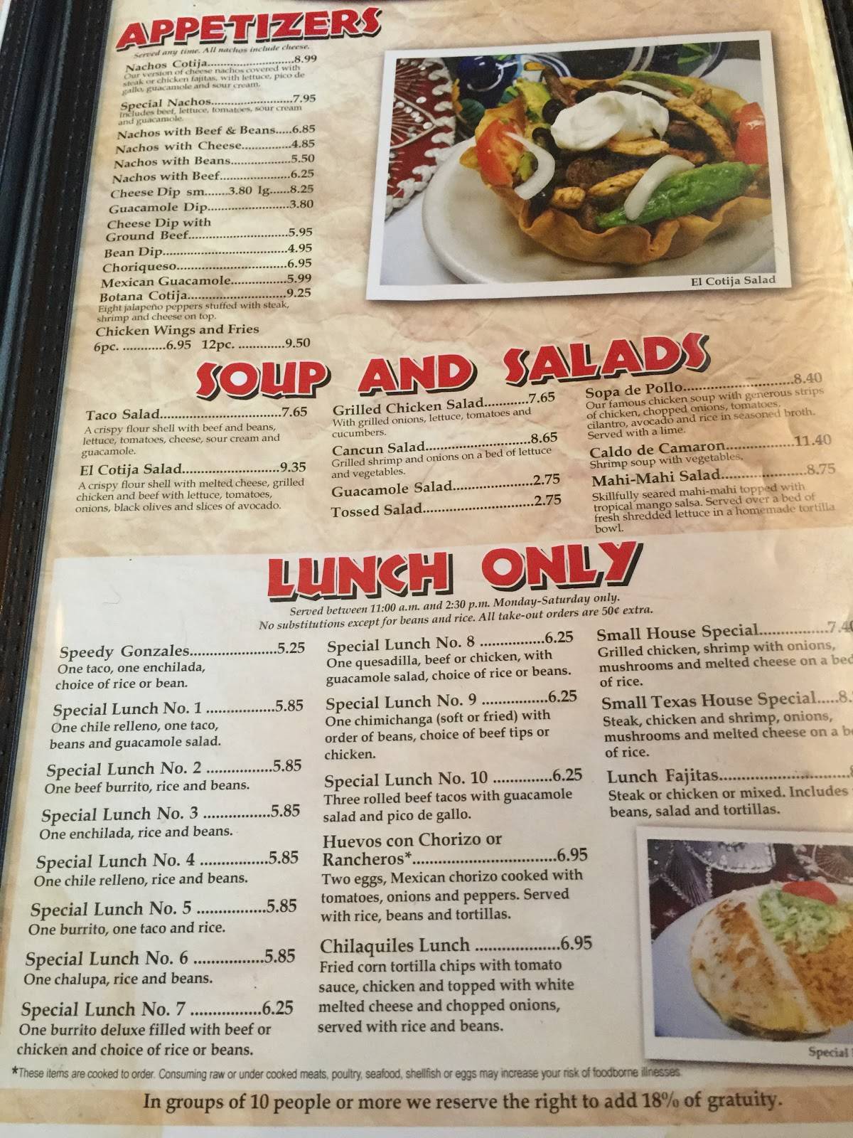 Menu at El Cotija Mexican restaurant, Warner Robins, 109 Margie Dr