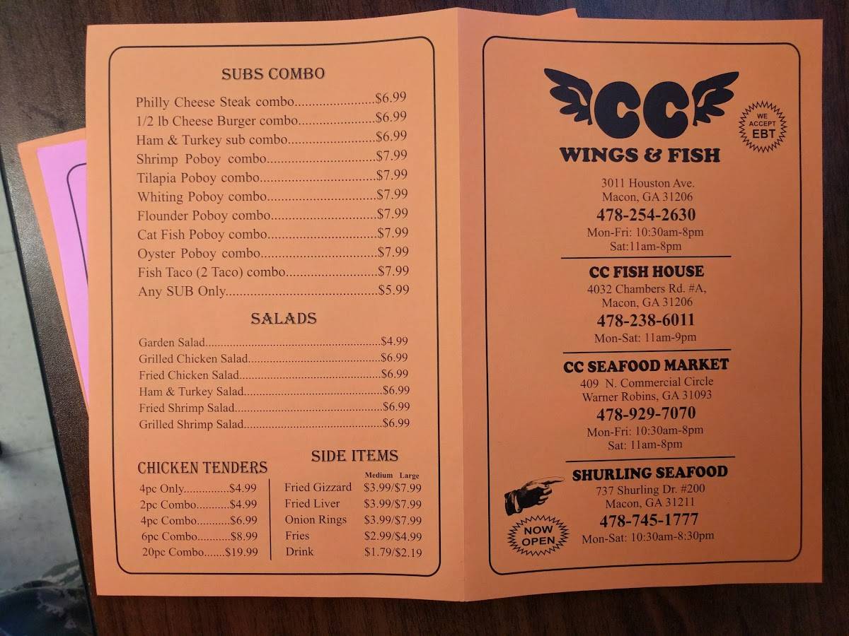 Menu at CC's Seafood restaurant, Warner Robins
