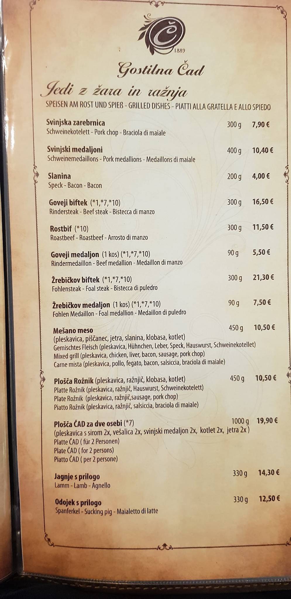 Menu at Čad restaurant, Ljubljana