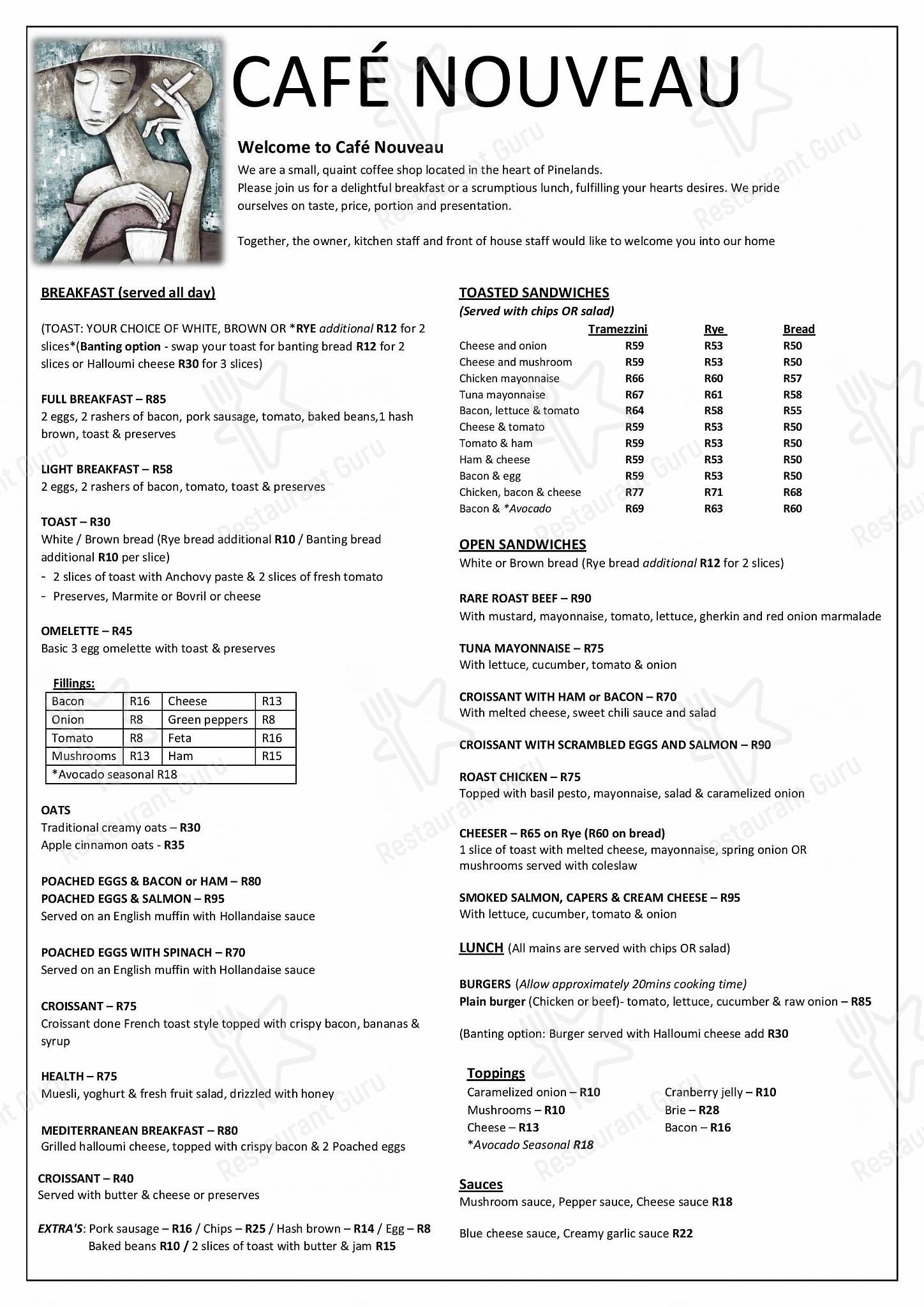 Menu at Cafe Nouveau, Pinelands, Cape Town