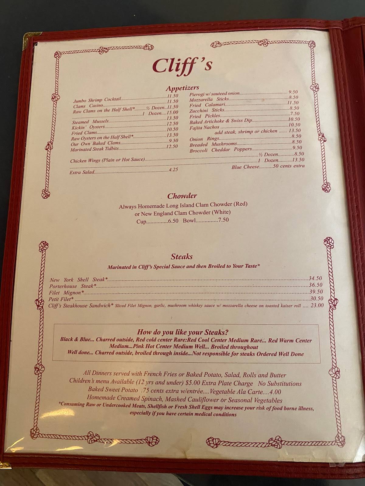 Menu at Cliff's Elbow Room steakhouse, Jamesport