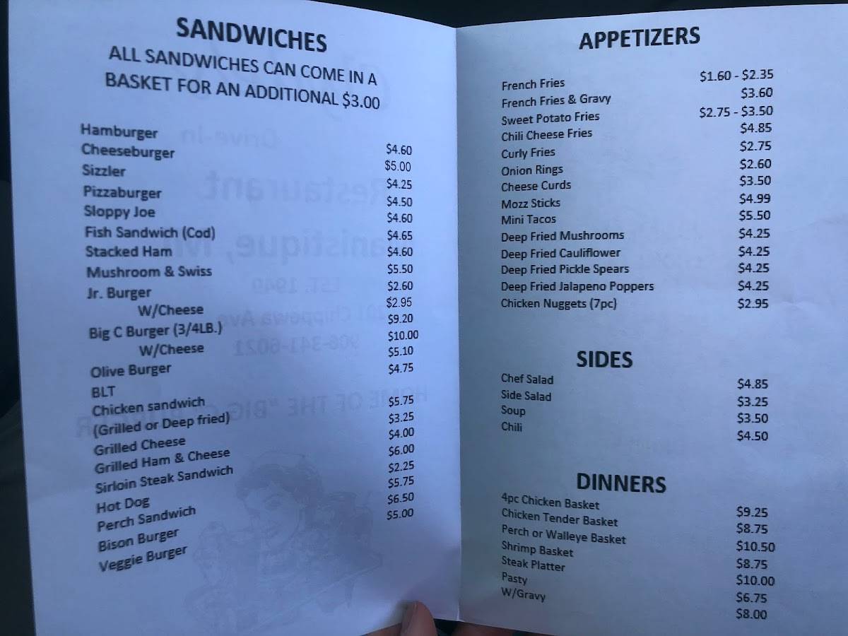 Menu at Clyde's DriveIn restaurant, Manistique