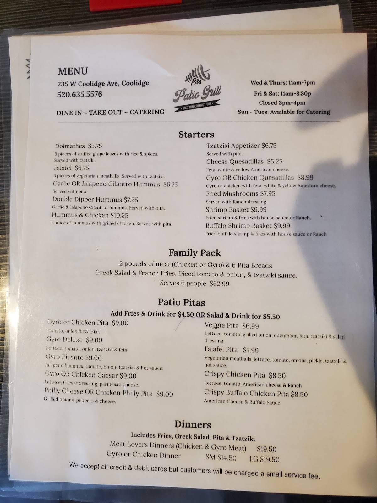 Menu at Coolidge Patio Grill (Pita Patio) restaurant, Coolidge