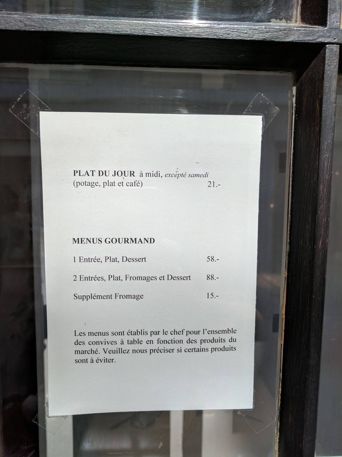 Menu da Restaurant Fleur de Sel, Distretto di Cossonay